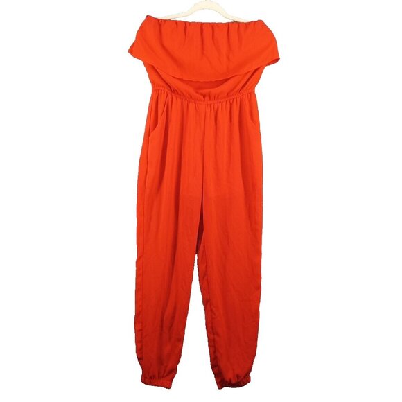 OOTD Jumpsuit SMALL(4-6) Pull on Off the Shoulder Red Elastic Neckline W/Pockets - Picture 1 of 11